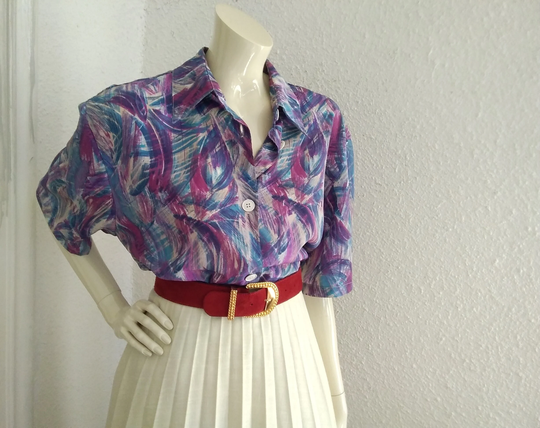 80S Colorful Blouse Summer Pop-Art Vibrant Colors Button Up Shirt Vacation 42 Size Abstract Geometric Print Multicolor Top