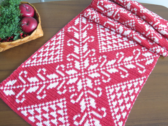 Crochet Table Runner, Red White Handmade Cloth, Hand Vintage Home Textiles #4-54-2