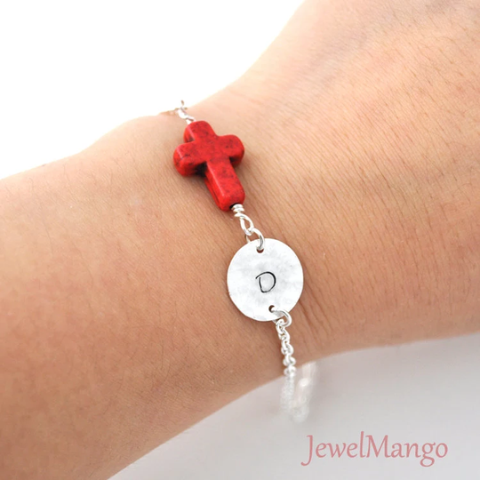 Colorful Cross Initial Bracelet, Turquoise Monogram, Unique Jewelry, Jewelry, Horizontal Cross, Choose Your Color, Bff