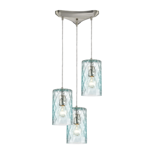 Diamond Pleat 3-Light Triangular Mini Pendant Fixture in Satin Nickel with Light Aqua Glass