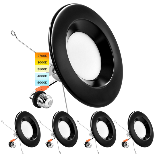 Luxrite 5/6" LED Recessed Retrofit Downlight 14W=90W 5 Color Options Dimmable Can Light Wet Rated Black Trim 4 Pack