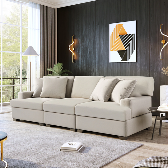 U-Style 3 Seat Sofa with Removable Back and 4 Comfortable Pillows