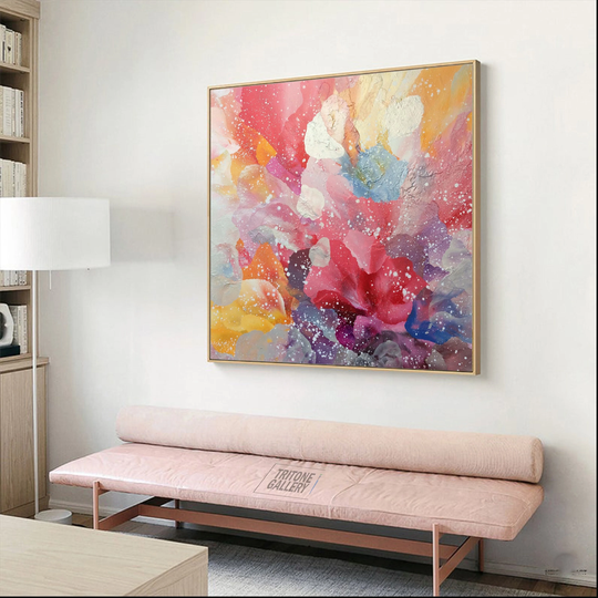 Colorful Abstract Pink Acrylic Painting, Large Contemporary Tropical Flower Art, Texture Wall Art For Living Room Decor
