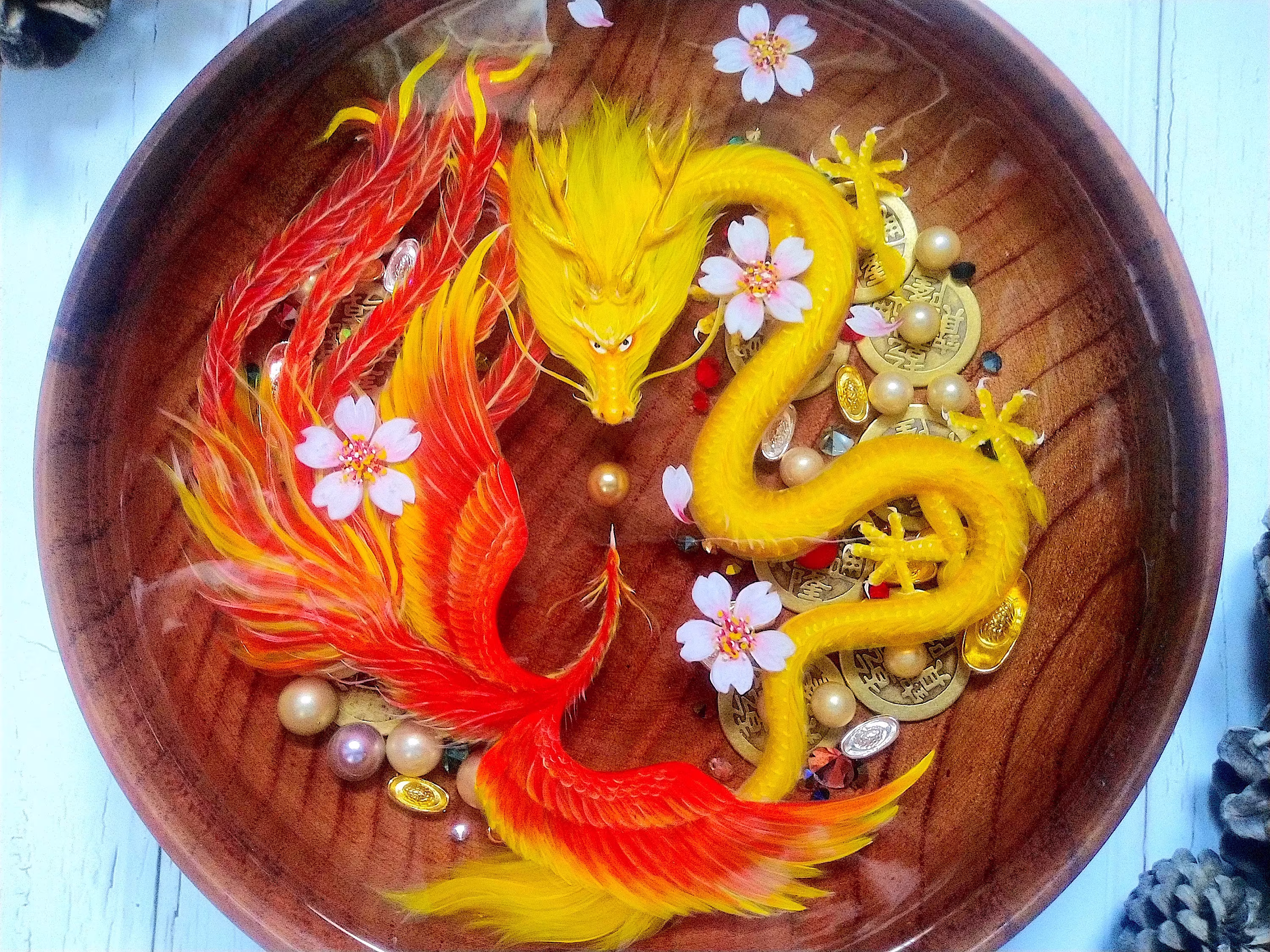 Red Phoenix & Golden Dragon With Cherry Blossoms Resin Art, Fantasy Art Table Decor, Best Anniversary Gifts For Boyfriend, Wedding Gift