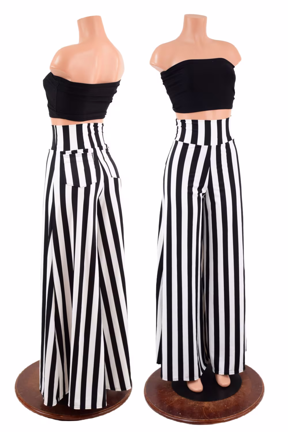 Black & White Stripe Wide Leg Pants With High Waist, Back Pockets 157777