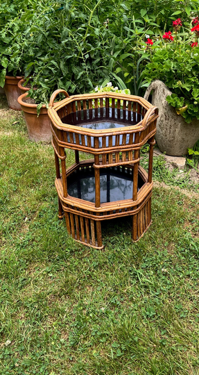 Old Florida Bamboo Side Table 2 Levels W/Black Plexiglass Tops Hand Woven C1940 Boho Chic Shipping Is Not Included. Ask For A Quote