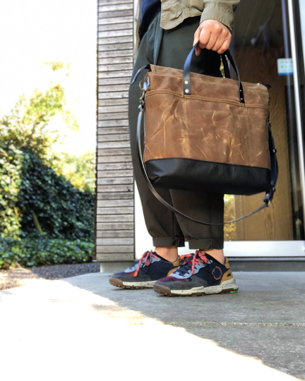 Office Tote Bag in Waxed Canvas With Luggage Handle Attachment Leather Handles & Shoulder Strap