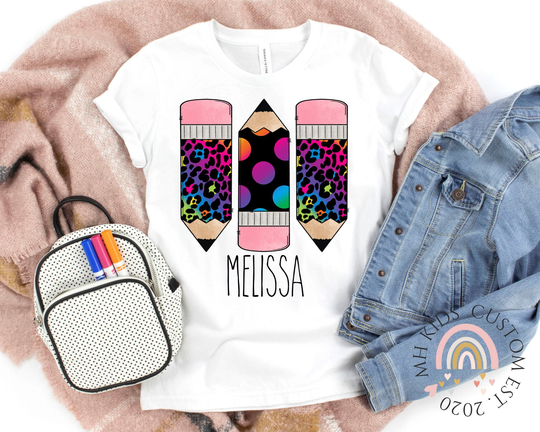 Personalized Back To School Shirt, First Day Of To Name Girl Custom Shirt, Rainbow Pencil Shirt