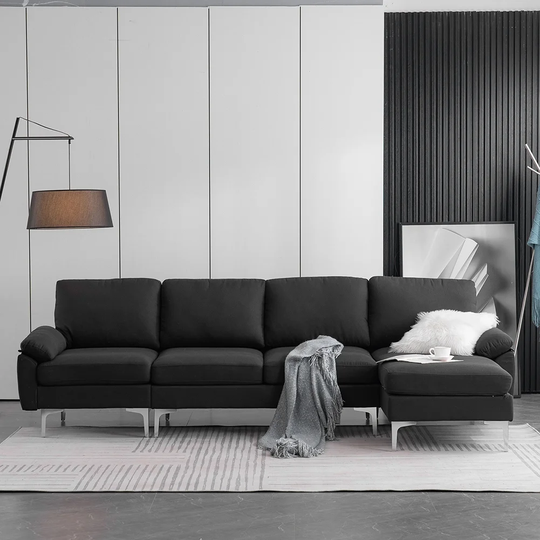 L-Shaped Fabric Sofa With Iron Feets, 4 Seats Indoor Modular Sofa