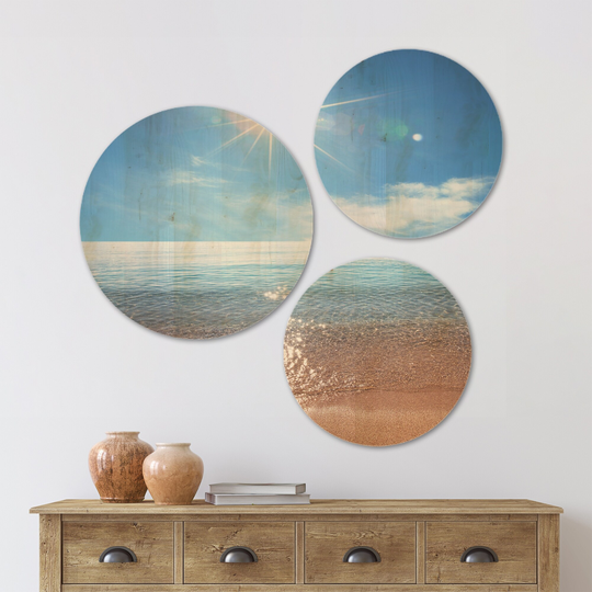Designart 'Serene Seascape with Bright Sun' Modern Beach Wood Wall Art Set of 3 Circles - Multi-Color