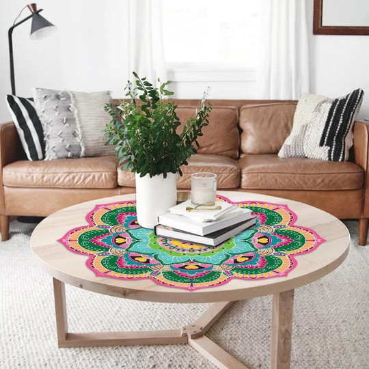 Flower Mandala Pvc Table Cover, Pink&green Round Unique Vinyl Decorative Party Big Placemat