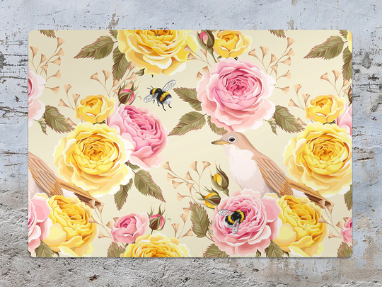 Roses & Birds Chair Mat, Yellow Vinyl Floor Pink Protective Floral Splat Office Decor, Area Rug, Housewarming Gift
