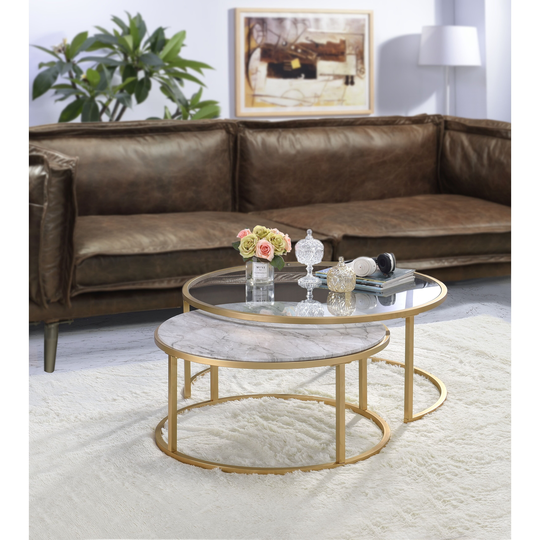 ACME Shanish 2 Pieces Pack Coffee Table Set, Faux Marble and Gold