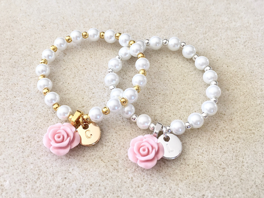 Gold Or Silver Girl Pearl Bracelet Flower Gift Birthday For Little Baby Toddler