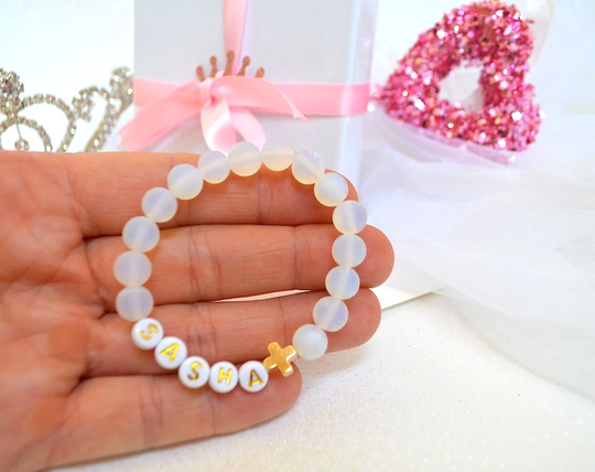 18K Gold Cross Sea Opal Girls Bracelet, Personalized Kids Holly Communion, Baptism Gift, Gift For Girls, Jewelry Gift, 8mmgem