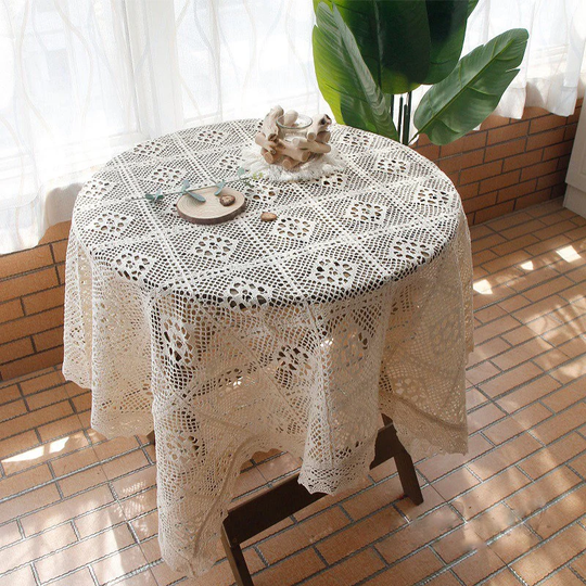 Handmade Crochet Lace Table Cover | Diamond Pattern Tablecloth Farmhouse Beige For Wedding