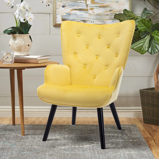 Modern Velvet Leisure Chair Button Tufted Armchair Accent Chair, Yellow