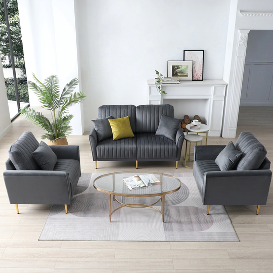 3 Pieces Sectional Sofa Set for Living Room Velvet Tufted Couch Sofa Armchair with Metal Legs, 2 Piece Single Chair +Loveseat