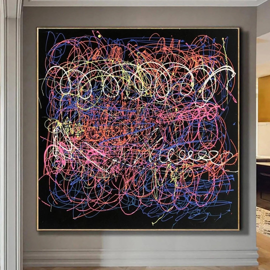 Jackson Pollock Style Painting Colorful On Black Canvas Art Original Wall Abstract Fine Oil For Living Room Decor