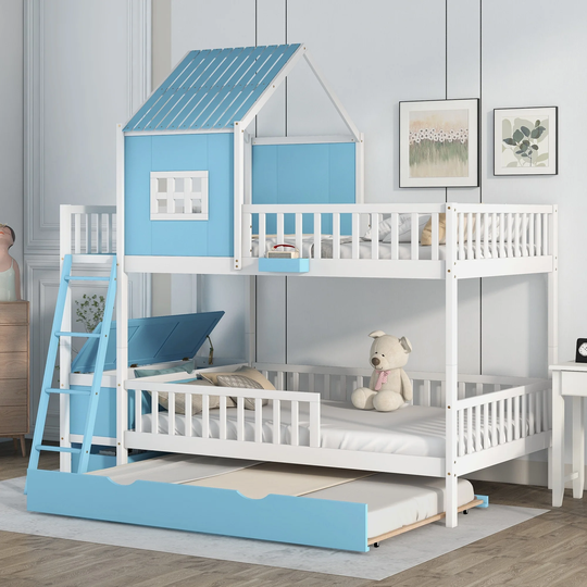 Wood Full over Full Bunk Bed with Trundle, Drawer,Storage Box