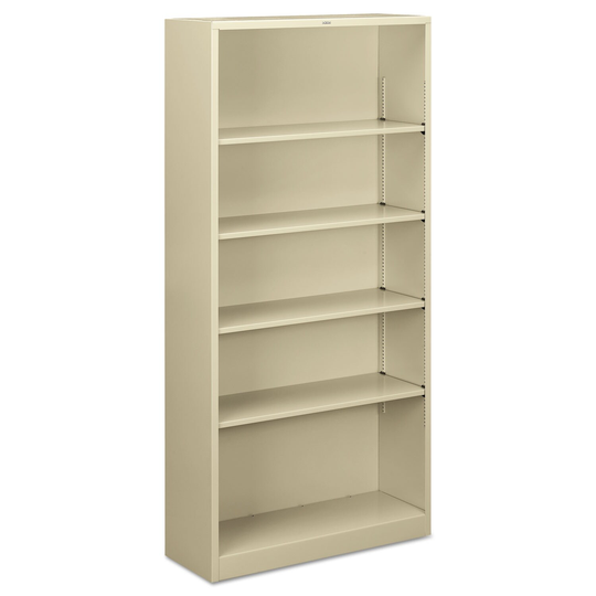 Metal Bookcase, Five-Shelf, 34.5 x 12.63 x 71, Putty - 34.5" x 12.63" x 71"