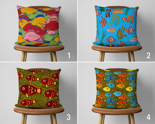 Bright Color Fish Pillow Case, Nautical Cushion Cover, Colorful Coastal Home Decor, Textile, Gift For Friend