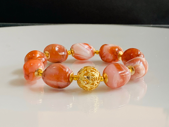 Carnelian Bracelet, July Birthstone, Natural Stretch Large Gemstones, 18K Gold, Crystal Bracelet
