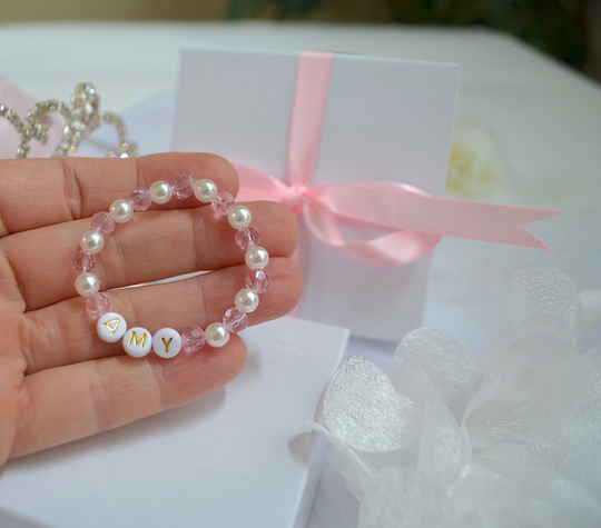 Tiny Pink Swarovski Crystal Baby Bracelet, Personalized Bracelet, Jewelry, Shower Gift, Easter Newborn Toddler