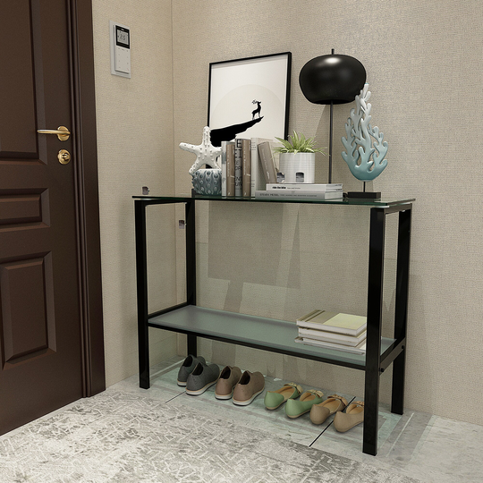 Console Table Double layer tempered glass rectangular porch table - Black