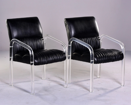 Signed Lion in Frost Lucite & Black Leather Arm Chairs - Pair [10352]