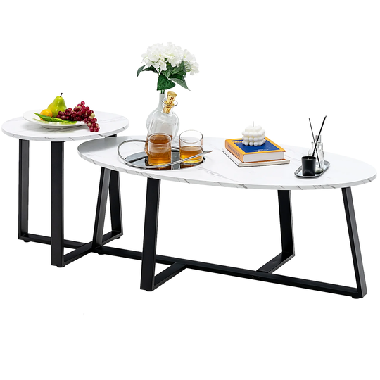 Costway Modern Coffee Table Set of 2 Faux Marble Nesting Table Set For - See Details