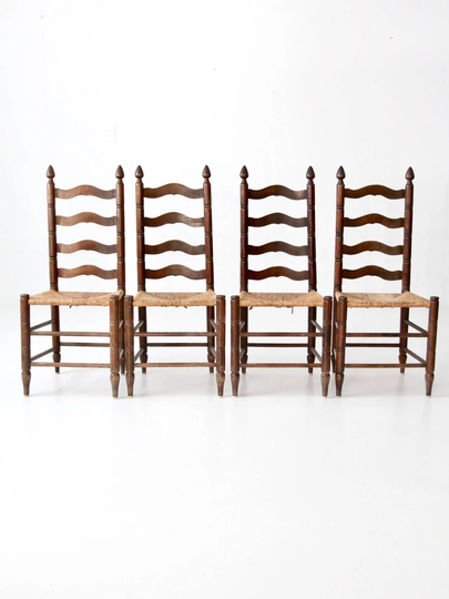 Antique Ladder Back Chairs With Rush Seat, Set Of 4 Dining