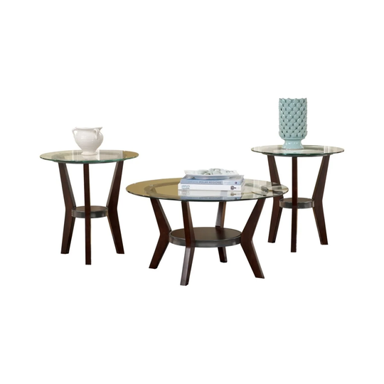 Round Wooden Table Set with Glass Top and Lower Shelf, Set of Three, Brown and Clear