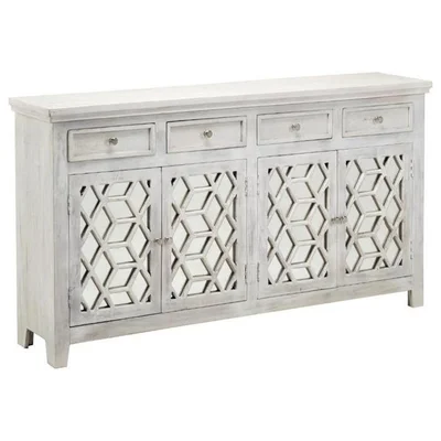 72 Inch White Wash Antiqued Mirror Sideboard With Drawers And Shelves