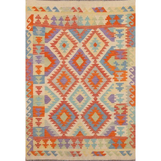 Colorful Kilim Reversible Area Rug Geometric Hand-woven Wool Carpet - 4'10" x 6'7"