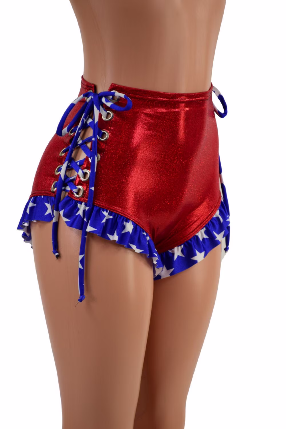 Ruffled Leg Siren Shorts With Lace Up Hips Created in Red Sparkly Jewel Blue & White Star Ruffles Ties 157685