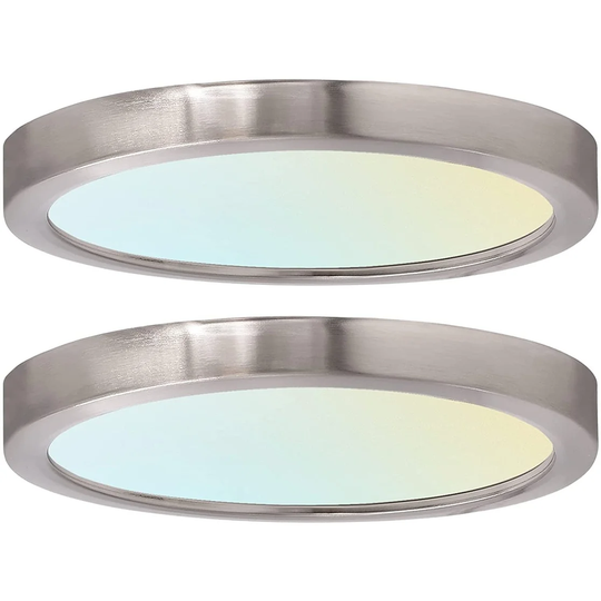 Luxrite 7" LED Flush Mount 15W 3 Color Selectable 900 Lumens Dimmable Round Damp Rated Brushed Nickel Trim 2 Pack