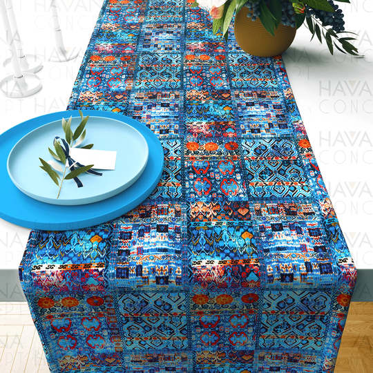 Kilim Table Runner - Red Blue Runner, Bohemian Home Decor Boho Coffee Dining Room