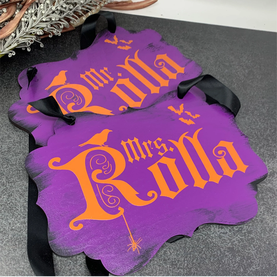 Bride & Groom Chair Signs/Halloween Wedding/Scallop Shape/Wood/Personalized/Surname - Fast Shipping