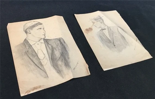 1908 Folk Art Pencil Sketches, W Hill Hand Sketched Drawing, 2 Portraits, Drawing Portrait, Fine Art, Original D