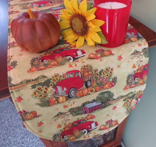 36" Fall Red Truck Table Runner Reversible Green Country Farmhouse Barn Pumpkin Centerpiece Halloween Home Decor
