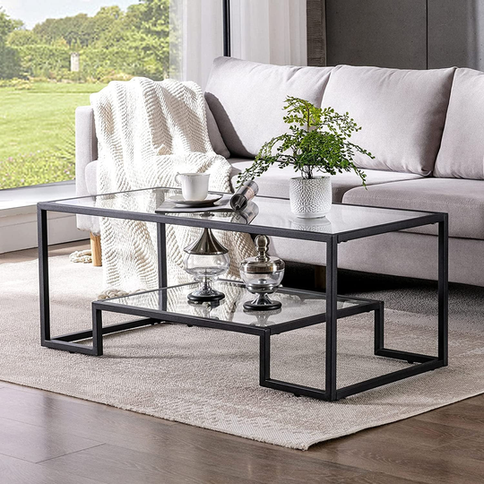 Square Gold End Side Table Nightstand with Black Glass Top, Shelf