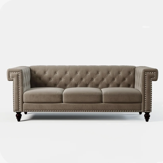 82.75"Chesterfield Sofa Low Back Tufted 3-Seater Sofa, Key Arms,Nailhead,Velvet,Brown - 82.75*29.5*30.5"(L*D*H)