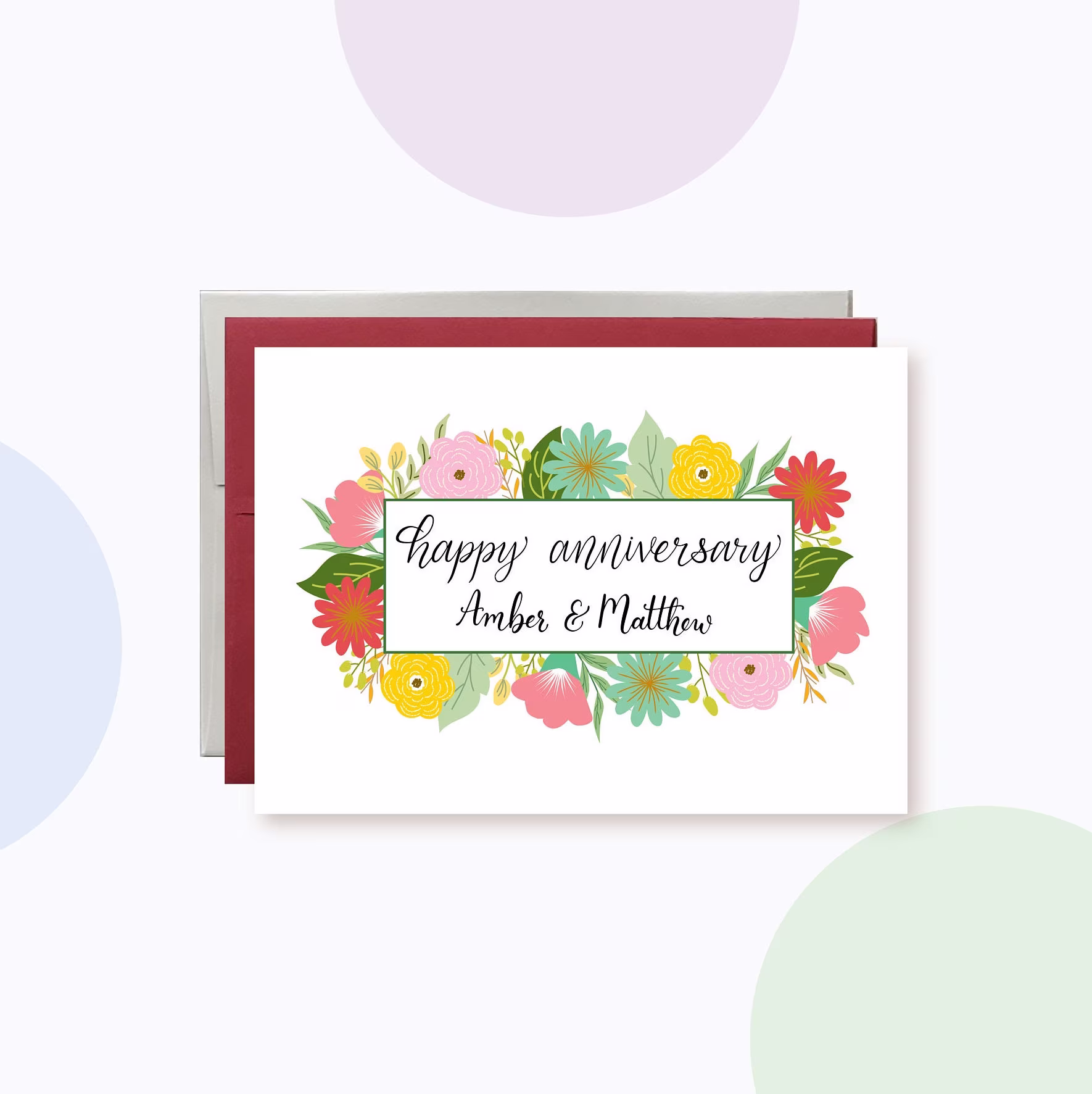 Personalized Colorful Flowers Anniversary Card, Spring & Summer Flowers, Floral Wreath
