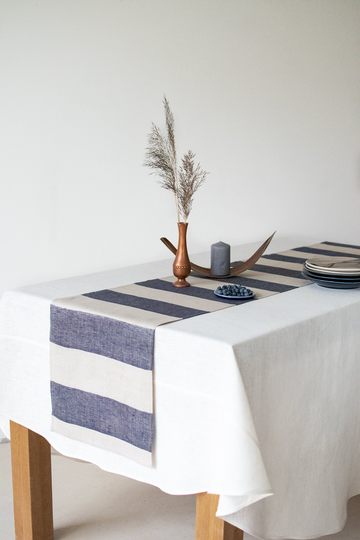 Wide Stripe Linen Table Runner Wedding Shower Rustic Natural With Blue Decor Event Dine Centerpiece Birthday Engagement