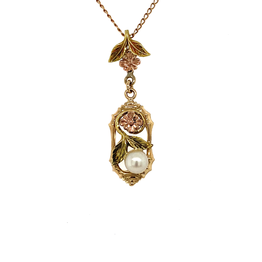 Antique Tri Colored Gold & Pearl Floral Motif Necklace