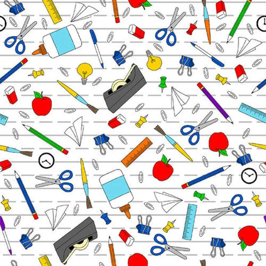 Top Of The Class Fabric 1706-01 Back To School Scissors Glue Pencils Novelty 100% Cotton Sewing Quilting By Yard
