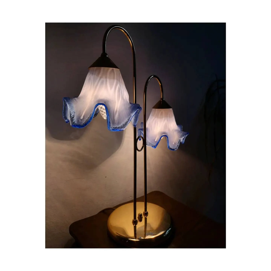 Mid Century Modern Brass Table Lamp With Murano Glass Shades // Blue Flowers Made in Italy 1970S