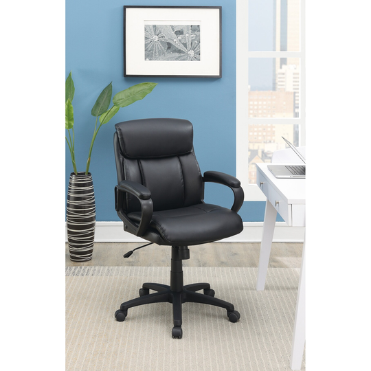 Adjustable Height Office Chair with Padded Armrests, Upholstered in Black leatherette, Comfortable Headrest