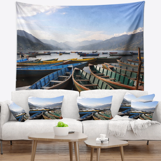Designart 'Colorful Boats Pokhara Lake' Boat Wall Tapestry